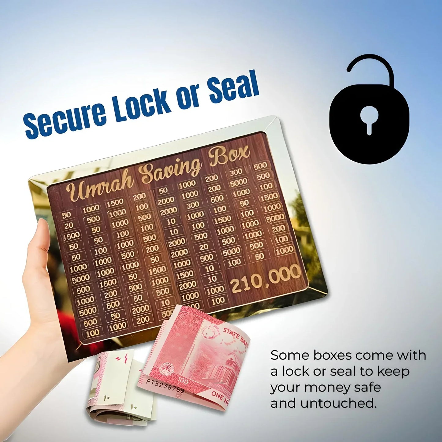 ( FREE HOME DELIVERY ) Umrah Saving Box - Wooden Islamic Money Box - 280 Days Umrah Savings Box Plan